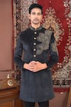 Shop_The House Of Diwans_Black Sherwani Velvet Embroidery Moti Set _Online_at_Aza_Fashions