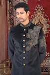 Shop_The House Of Diwans_Black Sherwani Velvet Embroidery Moti Set _at_Aza_Fashions