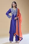 Buy_Samyukta Singhania_Blue Kurta And Pant Pure Chanderi Embroidered Zari Notched-v Floral Jaal Set _at_Aza_Fashions