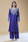 Samyukta Singhania_Blue Kurta And Pant Pure Chanderi Embroidered Zari Notched-v Floral Jaal Set _Online_at_Aza_Fashions