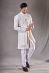 Aryavir Malhotra_Cream Sherwani Pewor Silk Embroidery Sequin Linear Layered With Pyjama _at_Aza_Fashions