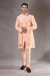 Shop_Aryavir Malhotra_Peach Sherwani Pewor Silk Embroidery Sequin Linear With Pyjama _Online_at_Aza_Fashions