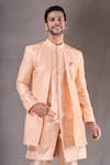 Aryavir Malhotra_Peach Sherwani Pewor Silk Embroidery Sequin Linear With Pyjama _at_Aza_Fashions