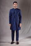 Aryavir Malhotra_Blue Sherwani Super Silk Embroidery Geometric Layered With Pyjama _Online_at_Aza_Fashions