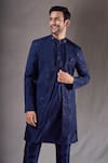 Shop_Aryavir Malhotra_Blue Sherwani Super Silk Embroidery Geometric Layered With Pyjama _Online_at_Aza_Fashions