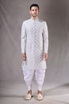 Aryavir Malhotra_Grey Sherwani Zari Jacquard Self Design Geometric Embroidered With Dhoti Pant _Online_at_Aza_Fashions