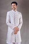 Shop_Aryavir Malhotra_Grey Sherwani Zari Jacquard Self Design Geometric Embroidered With Dhoti Pant _Online_at_Aza_Fashions