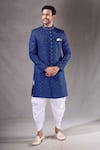 Buy_Aryavir Malhotra_Blue Sherwani Velvet Embroidery Floral Jaal With Dhoti Pant _at_Aza_Fashions