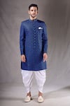 Aryavir Malhotra_Blue Sherwani Velvet Embroidery Floral Jaal With Dhoti Pant _Online_at_Aza_Fashions