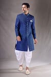 Shop_Aryavir Malhotra_Blue Sherwani Velvet Embroidery Floral Jaal With Dhoti Pant _Online_at_Aza_Fashions