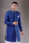 Aryavir Malhotra_Blue Sherwani Velvet Embroidery Floral Jaal With Dhoti Pant _at_Aza_Fashions