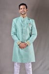 Aryavir Malhotra_Green Sherwani Heavy Jacquard Self Design Floral Flower Pattern With Pyjama _at_Aza_Fashions