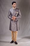 Buy_Aryavir Malhotra_Grey Sherwani Heavy Jacquard Self Design Flower Pattern With Contrast Pyjama _at_Aza_Fashions