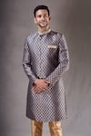 Shop_Aryavir Malhotra_Grey Sherwani Heavy Jacquard Self Design Flower Pattern With Contrast Pyjama _Online_at_Aza_Fashions