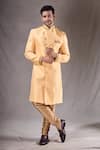 Buy_Aryavir Malhotra_Yellow Sherwani Banarasi Heavy Jacquard Self Pattern With Contrast Pyjama _at_Aza_Fashions