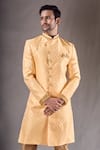 Shop_Aryavir Malhotra_Yellow Sherwani Banarasi Heavy Jacquard Self Pattern With Contrast Pyjama _Online_at_Aza_Fashions