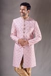 Shop_Aryavir Malhotra_Purple Sherwani Kora Shine Silk Embroidery Floral Bloom With Contrast Pyjama _Online_at_Aza_Fashions