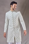 Buy_Aryavir Malhotra_Green Sherwani Kasak Zari Jacquard Embroidery Diamond Jaal With Pyjama _Online_at_Aza_Fashions