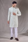 Aryavir Malhotra_Green Sherwani Kasak Zari Jacquard Embroidery Diamond Jaal With Pyjama _at_Aza_Fashions