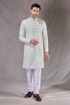 Buy_Aryavir Malhotra_Green Sherwani Kasak Zari Jacquard Embroidery Diamond Jaal With Pyjama 