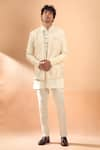 Buy_Spring Break_Ivory Jacket Viscose Embroidered Laser Cut Applique Thread And Kurta Set _at_Aza_Fashions