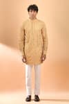 Buy_SPRING BREAK_Gold Kurta Blended Silk Embroidered Laser Cut Applique Thread With Pant _Online_at_Aza_Fashions