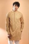 SPRING BREAK_Gold Kurta Blended Silk Embroidered Laser Cut Applique Thread With Pant _at_Aza_Fashions