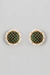 Shop_Karisa Designs_Green Stones, Pearls Contrast Kundan Embellished Studs _at_Aza_Fashions