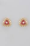Shop_Karisa Designs_Red Crystals, Diamonds Moissanite Polki Embellished Geometric Carved Studs _at_Aza_Fashions