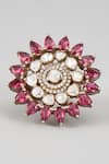 Shop_Karisa Designs_Red Moissanite Polki Victorian Embellished Floral Ring _at_Aza_Fashions