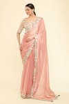 Buy_Samyukta Singhania_Peach Saree Crepe Satin Silk Embroidery Floral Leaf Thread Blouse With 