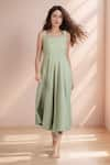 Buy_Samyukta Singhania_Green Linen Mix Solid Square Side Wooden Button Pastel Dress _at_Aza_Fashions