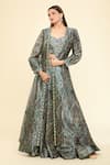 Shop_Samyukta Singhania_Green Silk Printed Stone Blouse Leaf Embellished Hem Jacket With Lehenga Set 