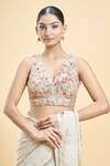 Buy_Samyukta Singhania_Cream Georgette Embroidered Thread Plunge-v Floral Saree Blouse 