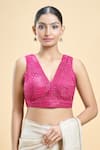 Buy_Samyukta Singhania_Pink Georgette Embroidered Thread Abstract Geometric Pattern Saree Blouse 