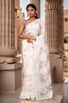 Buy_Samyukta Singhania_White Saree Organza Embroidery Thread Peacock With Unstitched Blouse Piece _at_Aza_Fashions