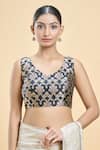 Buy_Samyukta Singhania_Black Banarasi Woven V-neck Floral Pattern Saree Blouse 