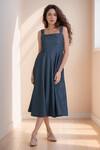 Buy_Samyukta Singhania_Blue Linen Mix Solid Square Side Wooden Button Dress _at_Aza_Fashions