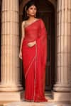 Buy_Samyukta Singhania_Red Saree Organza Embroidery Pearls Scallop With Unstitched Blouse Piece _at_Aza_Fashions