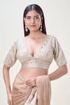 Buy_Samyukta Singhania_Beige Silk Embellished Gota Plunge V Neck Saree Blouse 