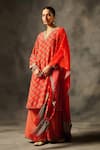 Saundh_Red Kurta And Pant Natural Crepe Printed Geometric Notched Sila Set _Online_at_Aza_Fashions