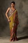 Saundh_Green Saree Muslin Silk Printed Checkered Indra With Unstitched Blouse Piece _Online_at_Aza_Fashions