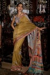 Saundh_Green Saree Muslin Silk Printed Checkered Indra With Unstitched Blouse Piece _at_Aza_Fashions