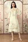 Buy_KAVERI_Green 100% Linen Hand Print Lace Candy Blossom Kismat Floral Midi Dress _at_Aza_Fashions