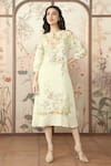 KAVERI_Green 100% Linen Hand Print Lace Candy Blossom Kismat Floral Midi Dress _Online_at_Aza_Fashions