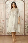 KAVERI_Beige 100% Linen Hand Screen Print Lace Candy Blossom Kismat Floral Dress _Online_at_Aza_Fashions