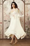 KAVERI_Off White 100% Linen Hand Screen Print Lace Round Candy Blossom Twirl Dress _Online_at_Aza_Fashions