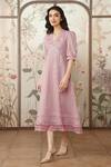 Buy_Kaveri_Pink 100% Linen Embroidered Viners V Neck Dahlia Dia Midi Dress _Online_at_Aza_Fashions