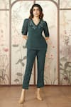 Buy Kaveri Green 100% Linen Embroidered Lace V Neck Dahlia Dia Top And Pant Set at Aza Fashions Buy_Kaveri_Green 100% Linen Embroidered Lace V Neck Dahlia Dia Top And Pant Set _at_Aza_Fashions
