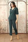 Kaveri Green 100% Linen Embroidered Lace V Neck Dahlia Dia Top And Pant Set Online at Aza Fashions Kaveri_Green 100% Linen Embroidered Lace V Neck Dahlia Dia Top And Pant Set _Online_at_Aza_Fashions